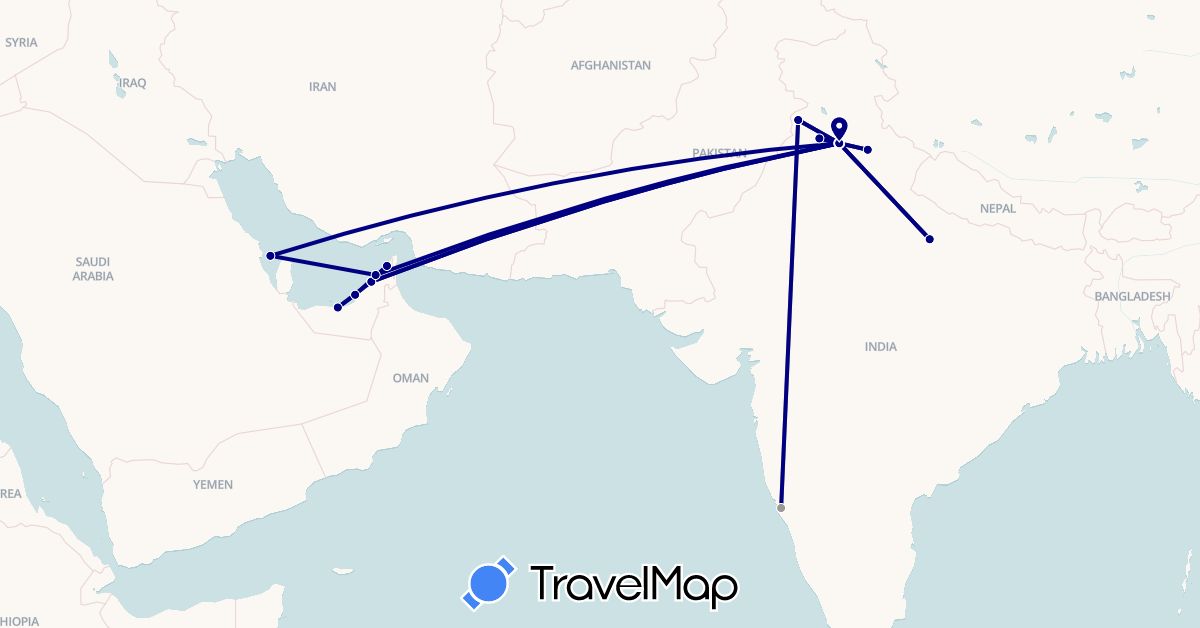 TravelMap itinerary: driving, plane in United Arab Emirates, Bahrain, India (Asia)